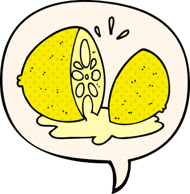 Bir insan tarafından çizilmiş çizgi roman tarzında limon dilimlenmiş konuşma balonu.