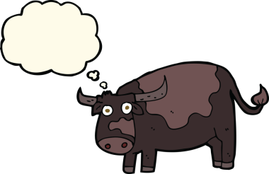 Bir insan tarafından çizilmiş düşünce balonlu çizgi film ineği.