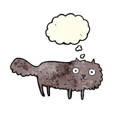 Bir insan tarafından çizilmiş düşünce baloncuklu tüylü kedi çizgi filmi.