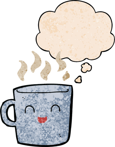 Hoş kahve fincanı çizgi filmi, insan tarafından çizilmiş grunge desenli düşünce baloncuğu.