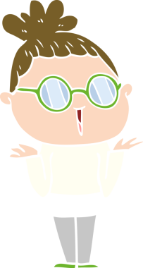 Düz renkli çizgi film, omuz silken kadın, bir insan tarafından çizilmiş gözlük takıyor.