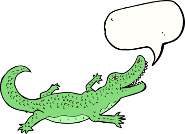 Bir insan tarafından çizilmiş konuşma balonlu çizgi film timsahı.