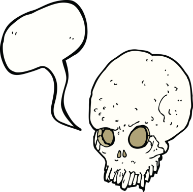 Bir insan tarafından çizilmiş konuşma baloncuğu olan karikatürümsü kafatası.