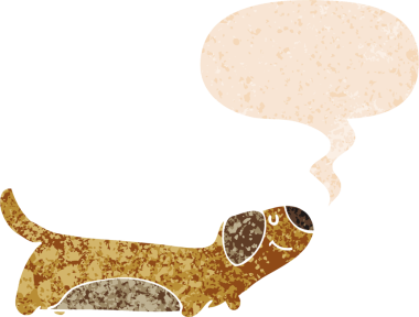 Bir insan tarafından çizilmiş grunge dertli retro tarzı konuşma baloncuğu ile çizgi film köpeği