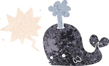 Bir insan tarafından çizilmiş grunge dertli retro tarzı konuşma balinası ile çizgi film balinası