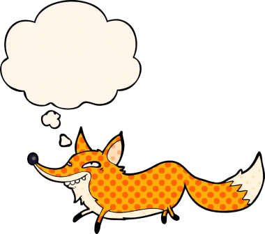 Çizgi roman tarzında düşünce baloncuğu olan kurnaz tilki bir insan tarafından çizilmiş.