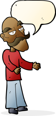 Bir insan tarafından çizilmiş, bıyıklı yaşlı bir çizgi film karakteri.