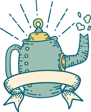 Dövme stili eski kahve demliği ile bir insan tarafından çizilmiş parşömen afişi.