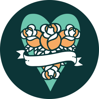 İkonik dövme stili bir kalp ve bir insan tarafından çizilmiş çiçekli pankart.