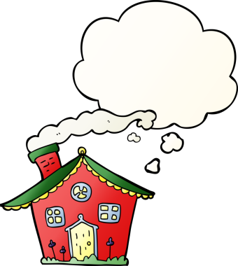 Düşünce baloncuklu çizgi film evi bir insan tarafından çizilmiş.