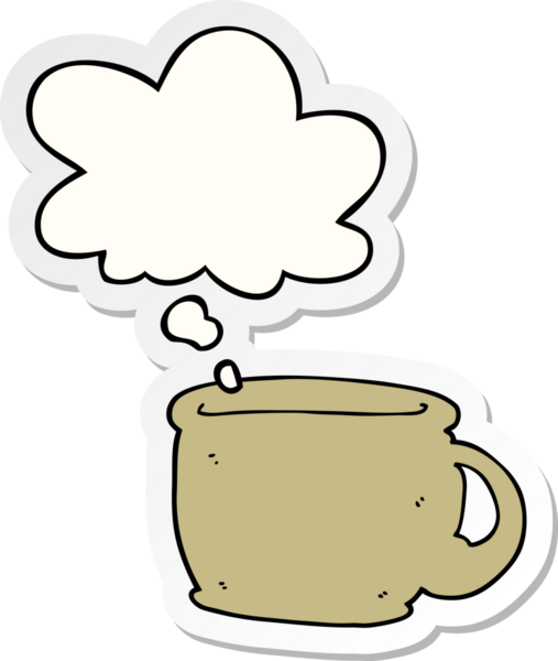 Düşünce baloncuklu çizgi film kahve fincanı insan tarafından çizilmiş bir çıkartma.