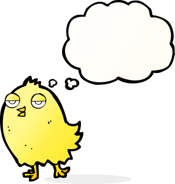 Bir insan tarafından çizilmiş düşünce baloncuklu komik çizgi film kuşu.