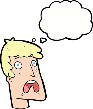 Bir insan tarafından çizilen düşünce baloncuğuyla şok olmuş bir adam.