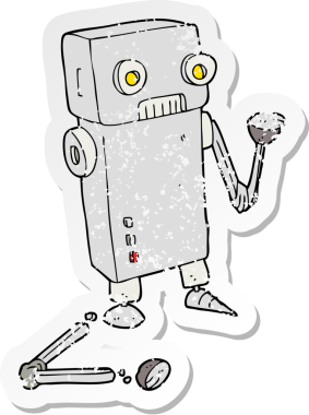 Bir insan tarafından çizilmiş kırık bir robotun retro depresif çıkartması.