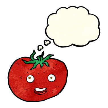 Bir insan tarafından çizilmiş düşünce baloncuklu domates.