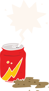 Bir insan tarafından çizilmiş, içinde konuşma balonu olan bir soda kutusu.