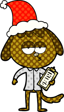 Bir insan tarafından çizilmiş Noel Baba şapkası giymiş sıkılmış bir köpeğin el çizimi çizgi roman tasviri.