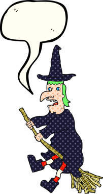 Bir insan tarafından çizilmiş süpürge üzerinde uçan çizgi roman konuşma balonu cadısı.