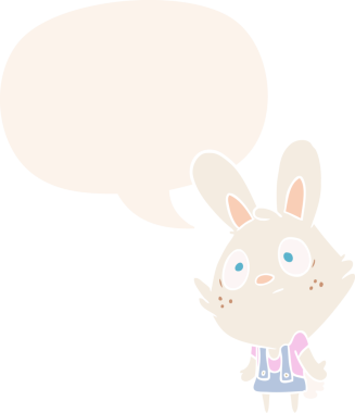 Sevimli çizgi film tavşanı omuzlarını silkiyor. Konuşma baloncuğu eski moda bir insan tarafından çizilmiş.