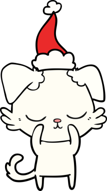 Bir insan tarafından çizilmiş Noel Baba şapkası takan bir köpeğin çizimi.