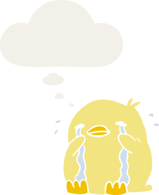 Düşünce baloncuğu olan ağlayan bir çizgi film kuşu insan tarafından çizilmiş.