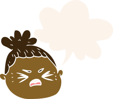 Bir insan tarafından çizilmiş, konuşma baloncuklu çizgi film kadın yüzü.