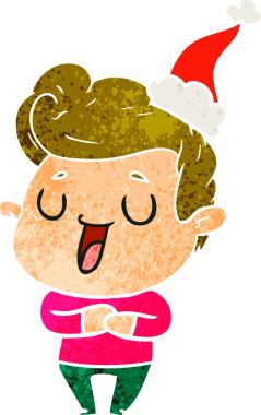 Mutlu el çizimi, Noel Baba şapkası takan bir adamın insan tarafından çizilmiş retro karikatürü.