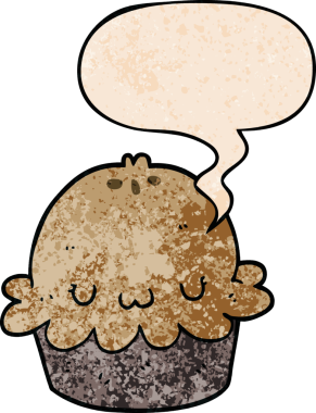 Bir insan tarafından çizilmiş eski moda konuşma baloncuklu şirin bir çizgi film pastası.