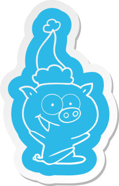 Neşeli oturan domuz garip çizgi film çıkartması Noel Baba şapkası giyen bir insan tarafından çizilmiş.