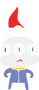 Bir insan tarafından çizilmiş Noel Baba şapkası takan üç gözlü bir uzaylının düz renkli çizimi.