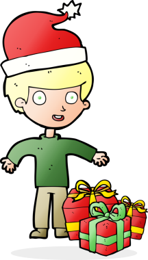 Bir insan tarafından çizilmiş Noel hediyeli çizgi film çocuğu.