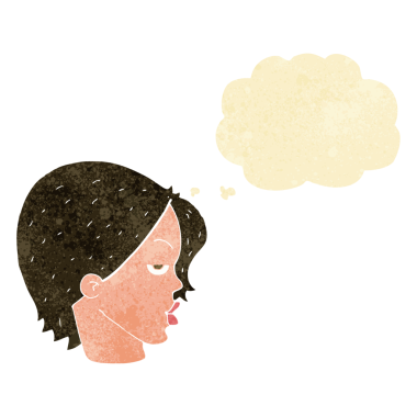 Bir insan tarafından çizilmiş düşünce baloncuğuyla kaşlarını kaldıran çizgi film kadını.