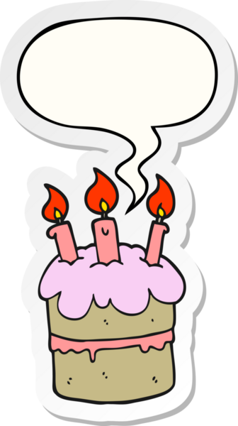 Bir insan tarafından çizilmiş konuşma balonu çıkartmalı doğum günü pastası.