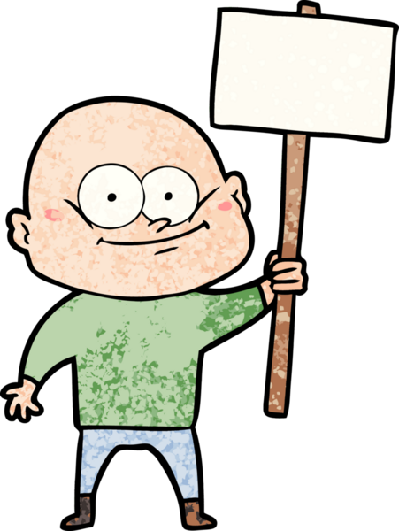 Bir insan tarafından çizilmiş tabelayla bakan kel bir adam.