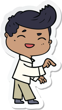 Bir insan tarafından çizilmiş, gülen ve işaret eden bir çizgi film karakterinin çıkartması.