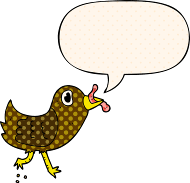 Bir insan tarafından çizilmiş, konuşma baloncuklu solucanlı çizgi film kuşu.