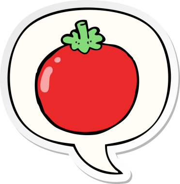 Bir insan tarafından çizilmiş konuşma kabarcığı çıkartmalı domates çizgi filmi.