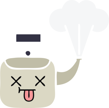 Bir insan tarafından çizilen dumanı tüten bir çaydanlığın düz renkli retro karikatürü