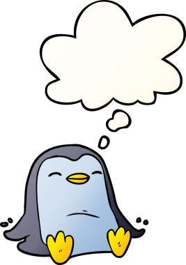 Düşünce baloncuğu olan karikatür pengueni bir insan tarafından çizilmiş.