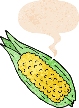 Konuşma baloncuğu olan karikatür mısırı bir insan tarafından çizilmiş dertli retro desenli