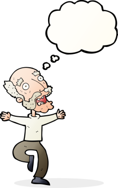 Karikatür ihtiyarı, bir insan tarafından çizilen düşünce baloncuğundan korkar.
