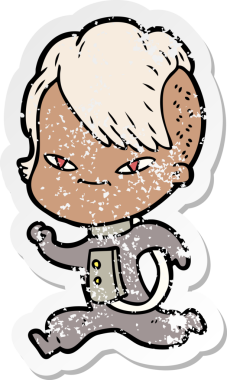 Hipster saç kesimi bir insan tarafından çizilmiş tatlı bir çizgi film kızına ait sıkıntılı bir etiket.