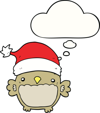 Bir insan tarafından çizilmiş düşünce baloncuklu şirin noel baykuşu.