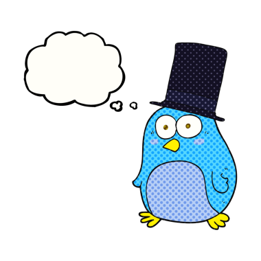 Bir insan tarafından çizilmiş silindir şapkalı balon karikatür kuşu.