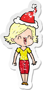 Bir insan tarafından çizilmiş Noel Baba şapkası giymiş mutlu bir kadının el çizimi karikatürü.