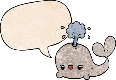 Konuşma baloncuğu olan sevimli bir çizgi film balinası insan tarafından çizilmiş.