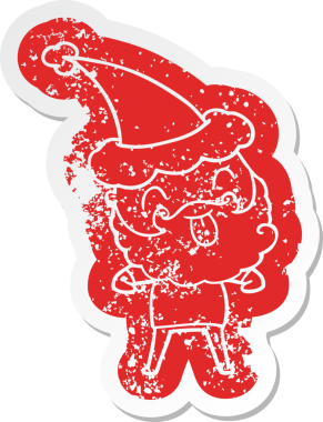 Bir insan tarafından çizilmiş Noel Baba şapkası takan sakallı bir adamın sıkıntılı çıkartması.