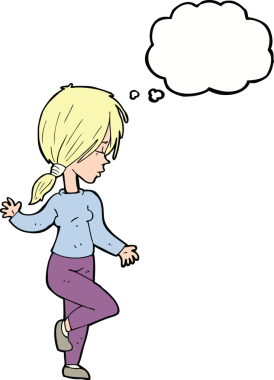 Bir insan tarafından çizilmiş düşünce baloncuğuyla dans eden çizgi film kızı.