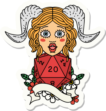 Bir insan tarafından çizilmiş doğal yirmi zarla yapıştırılmış bir etiket.