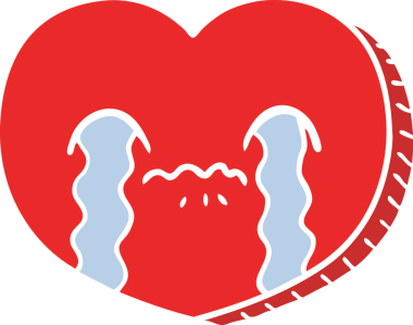 Düz renkli çizgi film ağlayan aşk kalbi bir insan tarafından çizilmiş.